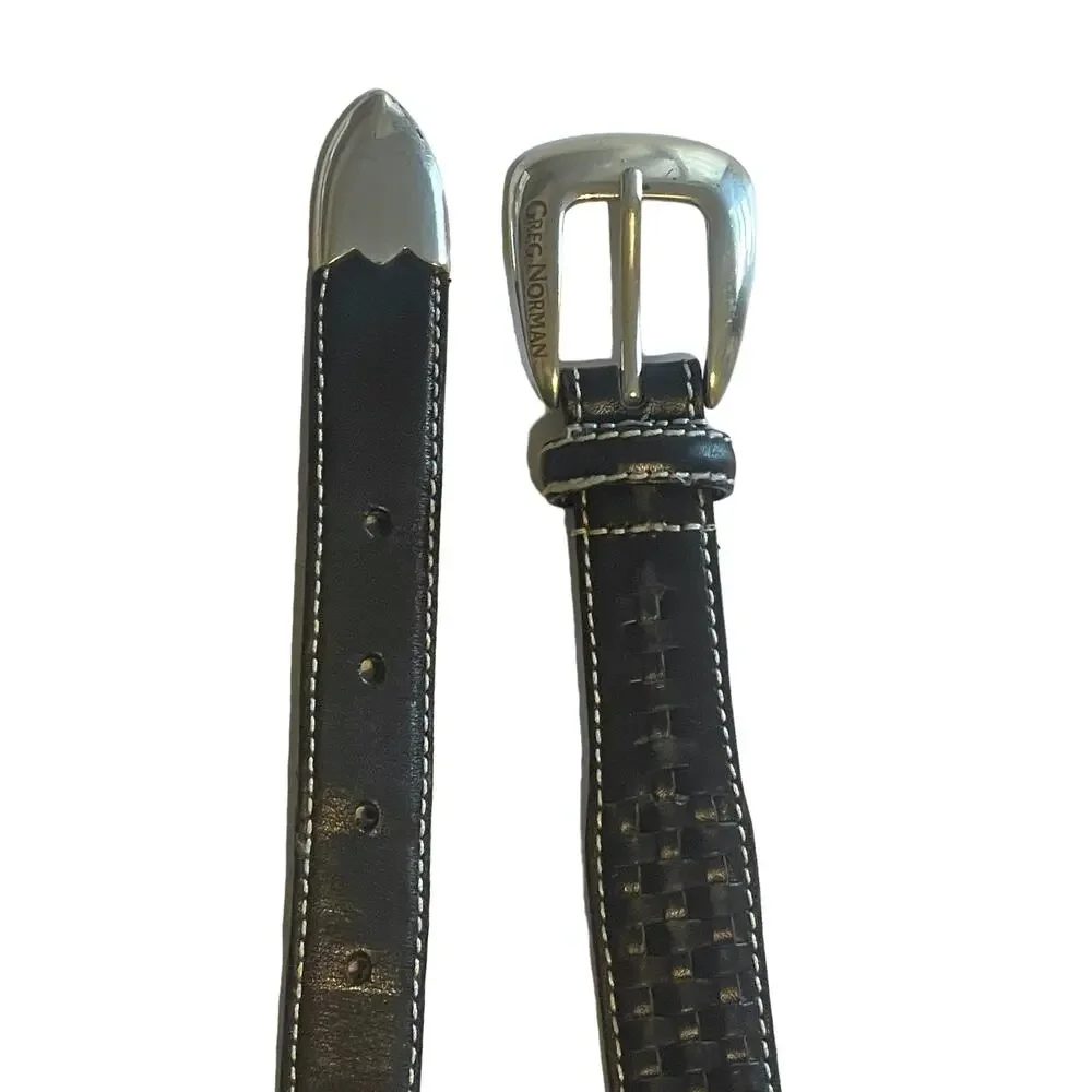 Greg Norman Black Leather Braided Woven Belt Mens Large Silver Hardware